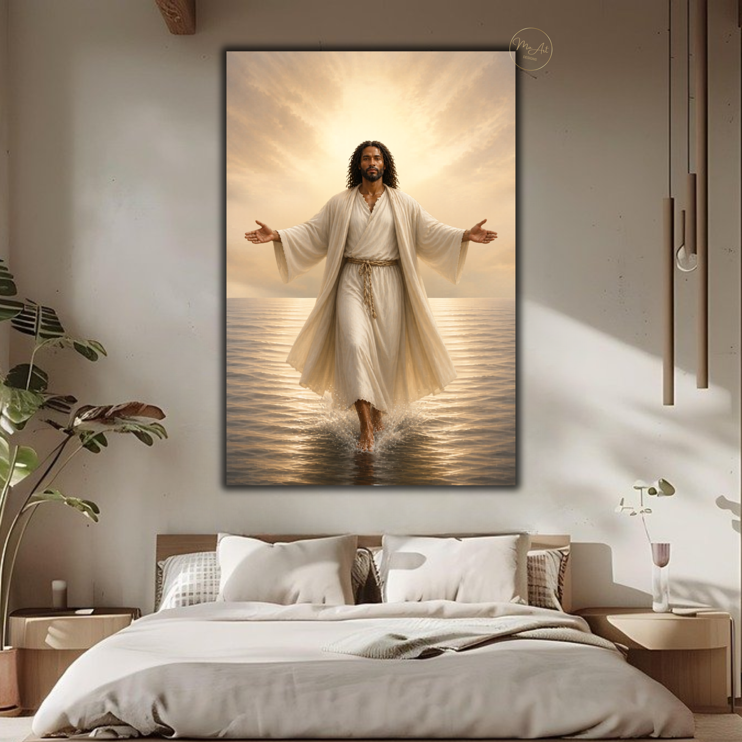 Black Jesus Wall Art - Jesus Walking on Water / Afrocentric Spiritual Canvas Print in Neutral Tones