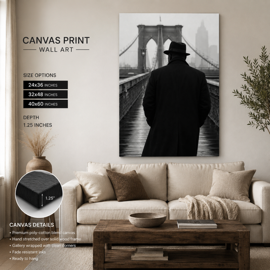 African American Man NYC Wall Art | Brooklyn Bridge Black & White Canvas Print