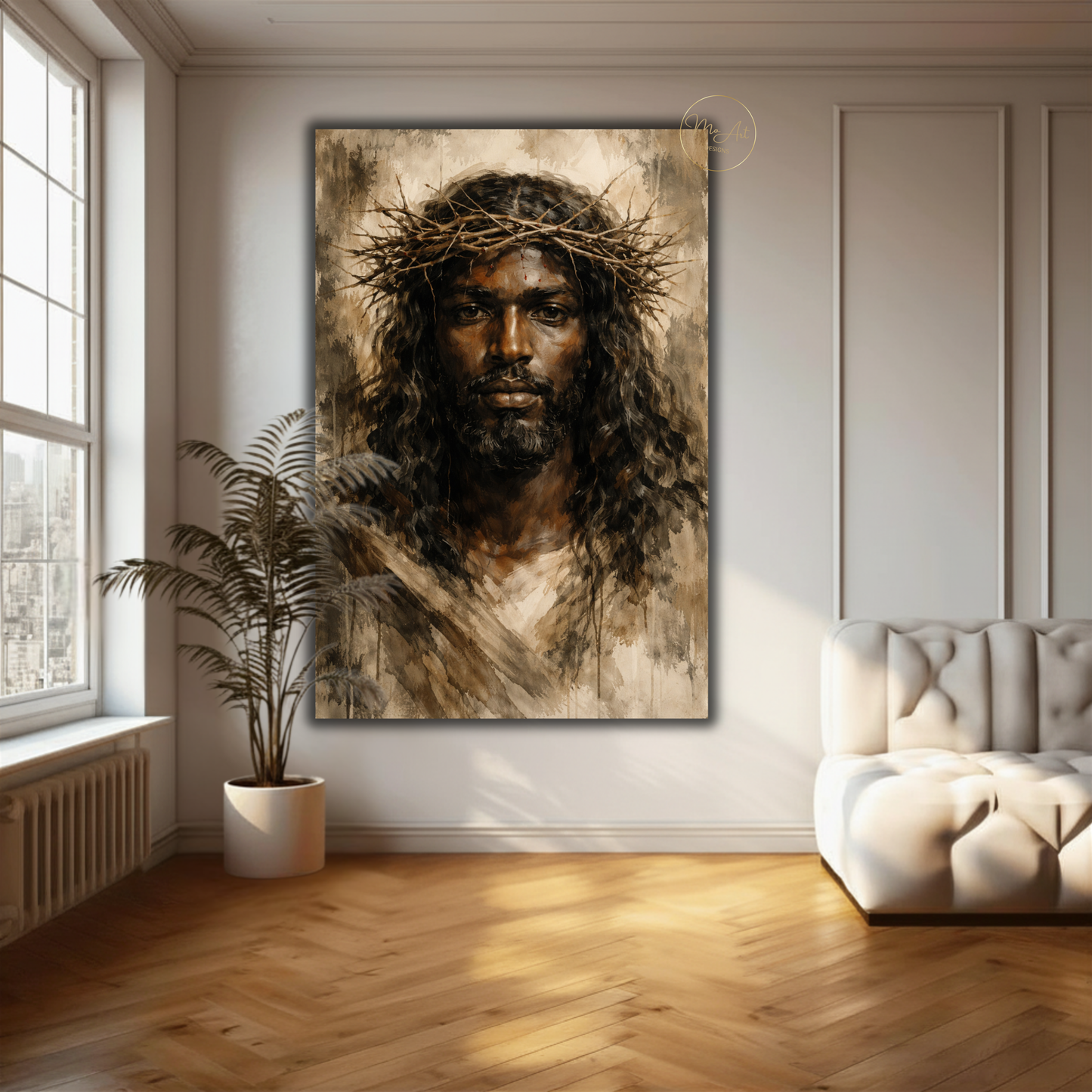 Black Jesus Wall Art – Neutral Abstract Christ Portrait with Crown of Thorns Canvas Print