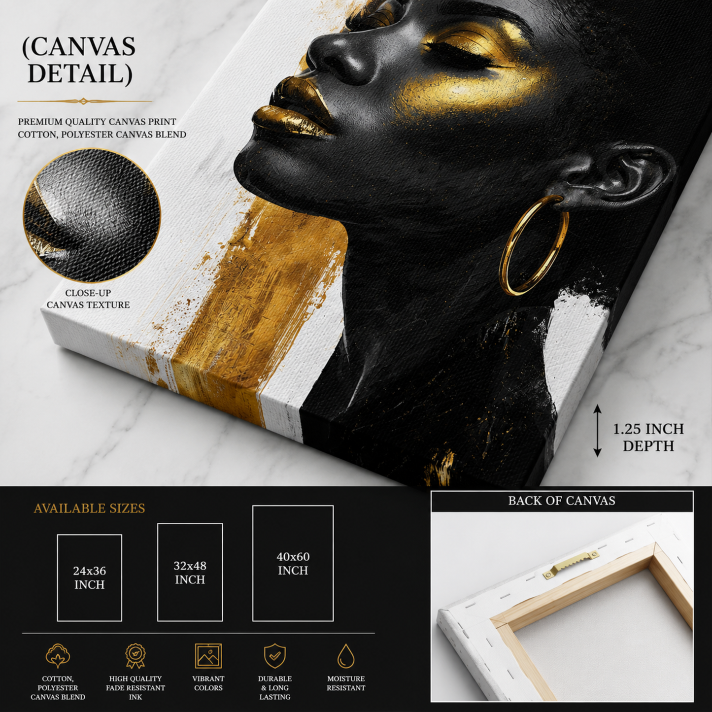 Black Woman Wall Art – Afrocentric Beauty in Black, Gold & White Canvas Print | Modern Luxury Home Decor