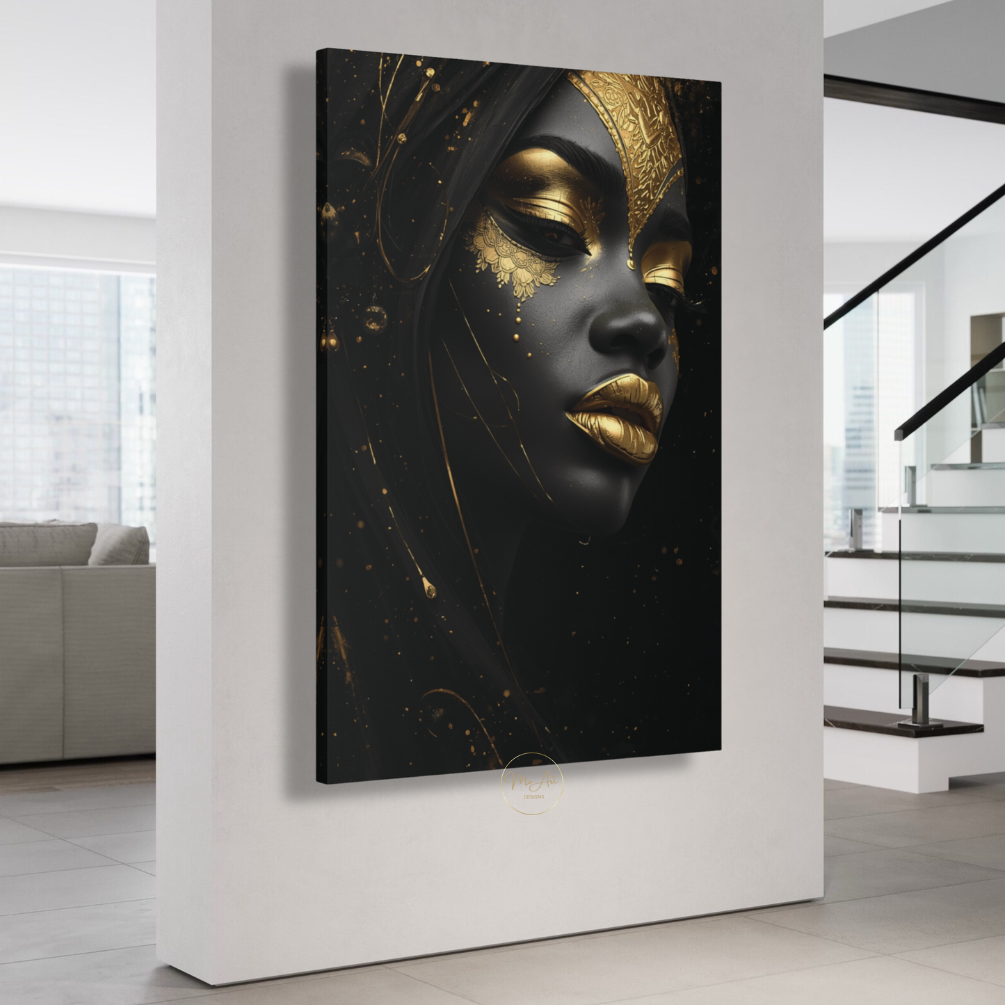 Black Woman Wall Art – Striking Gold & Black Beauty | Afrocentric Luxury Canvas Print