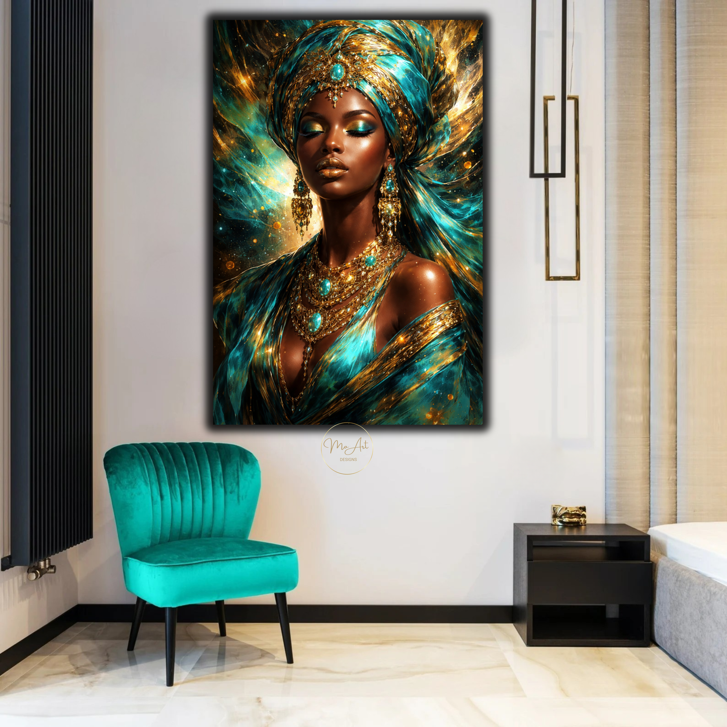 Black Woman Wall Art – Elegant Afrocentric Turquoise & Gold Abstract Canvas Print