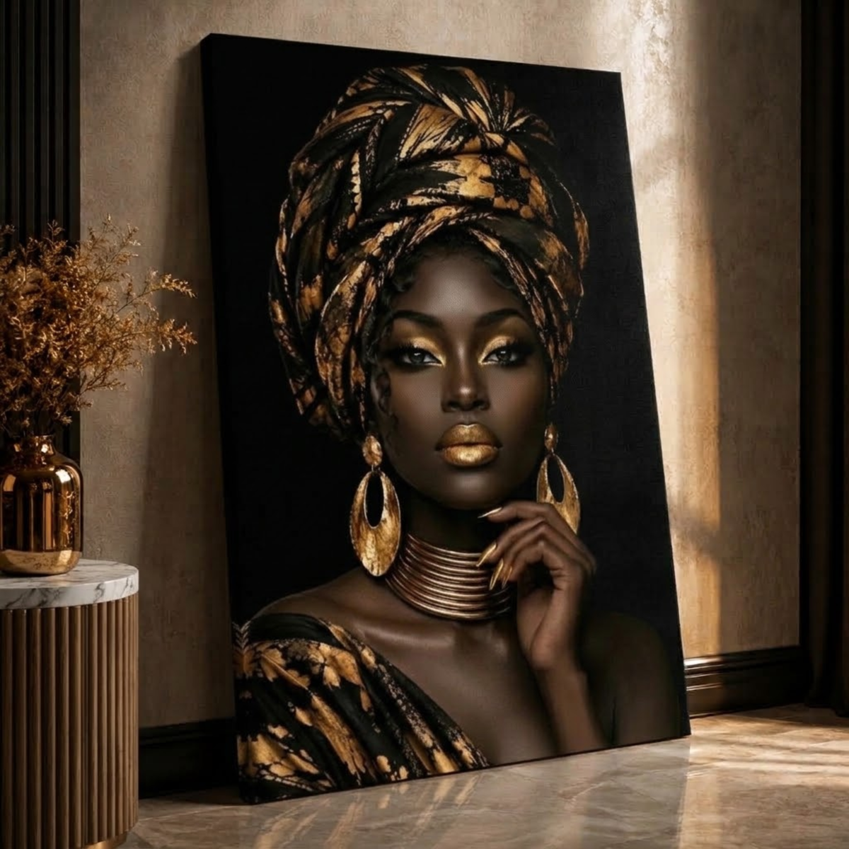 Black Woman Wall Art – Regal Essence | Black & Gold Afrocentric Canvas Print