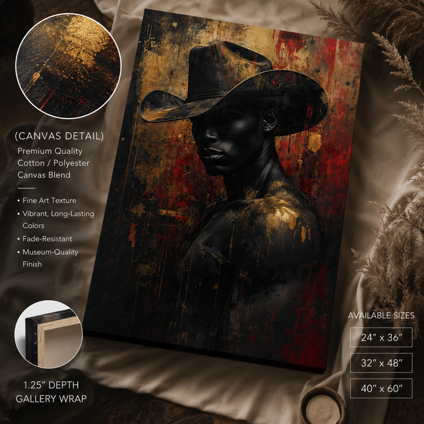 Black Man Wall Art – African American Cowboy Canvas Print | Abstract Black, Gold & Red Wall Art