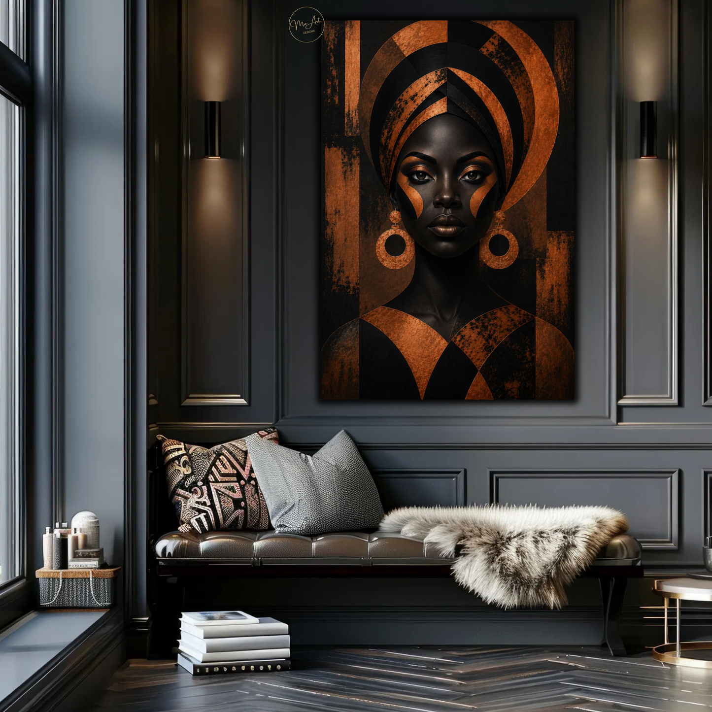 Black Woman Wall Art – Regal Afrocentric Copper & Black Portrait Canvas Print