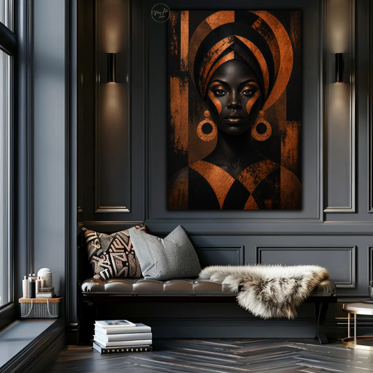 Black Woman Wall Art – Regal Afrocentric Copper & Black Portrait Canvas Print