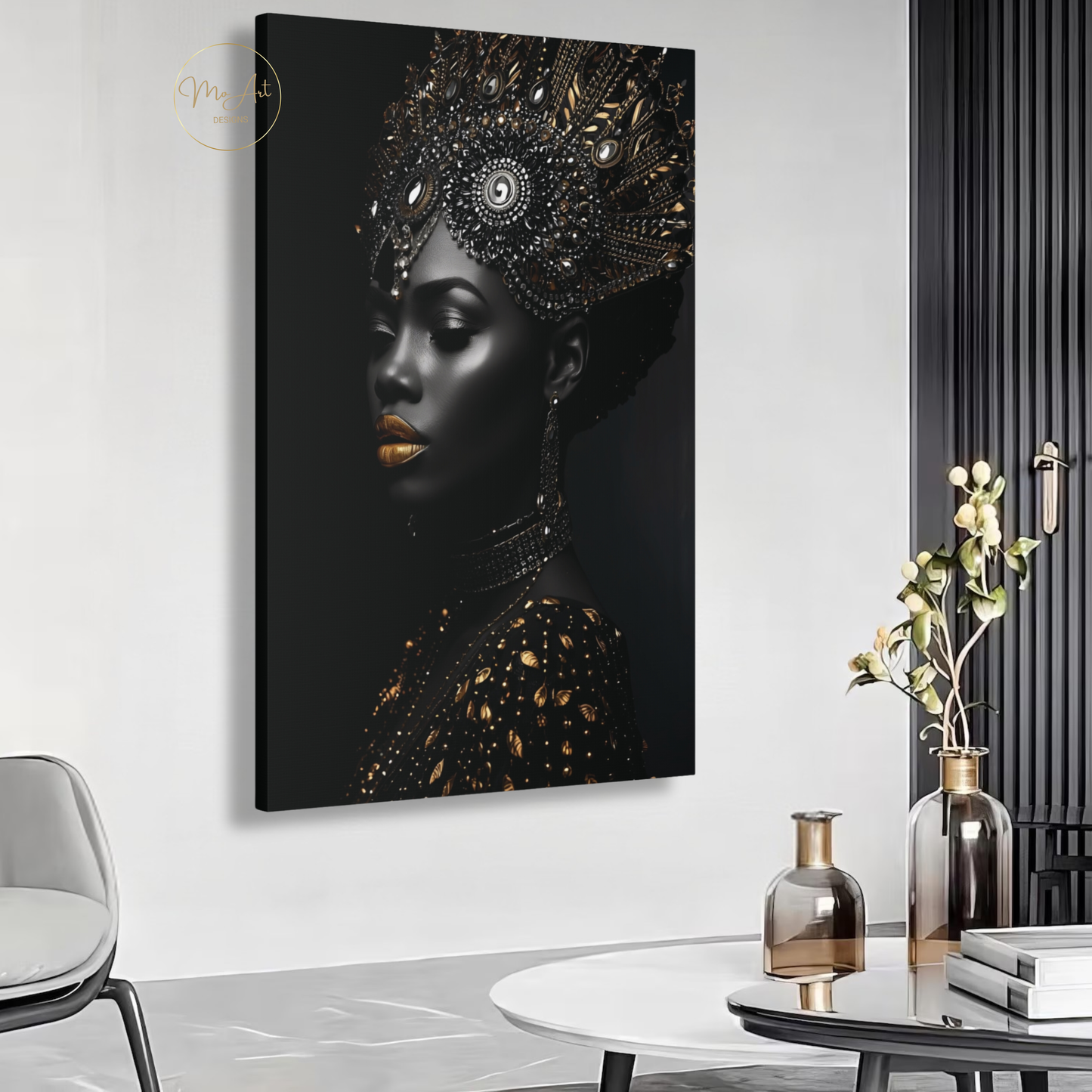 Black Woman Wall Art – African Queen - Black & Gold Royal Luxury Canvas Print