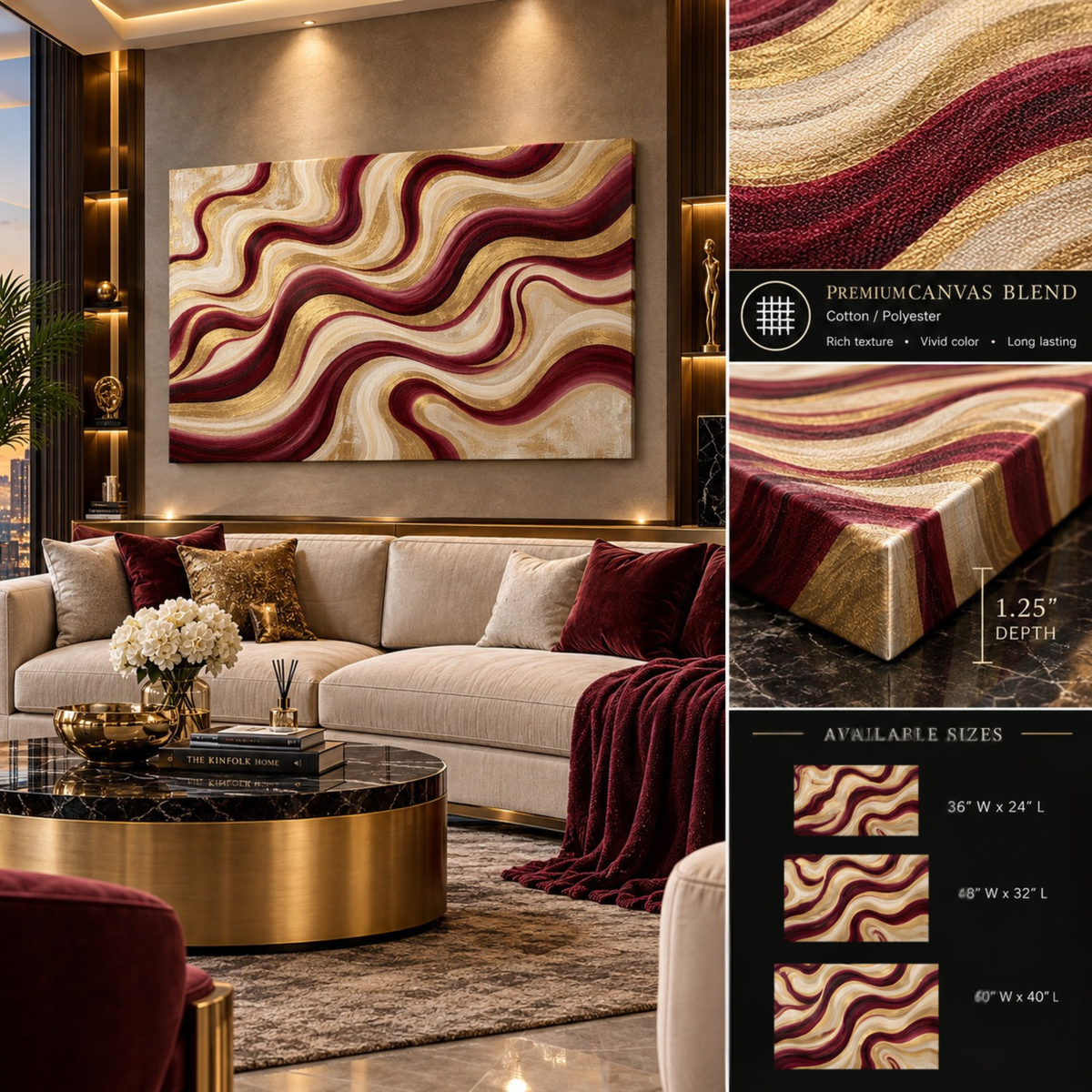 Flowing Waves – Burgundy & Gold Abstract Wall Art | Luxury Canvas Print