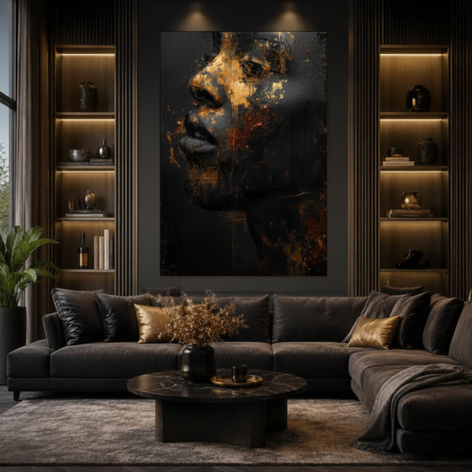Black Man Wall Art – Black & Gold Abstract Masculine Canvas Print | Modern Luxury Afrocentric Decor