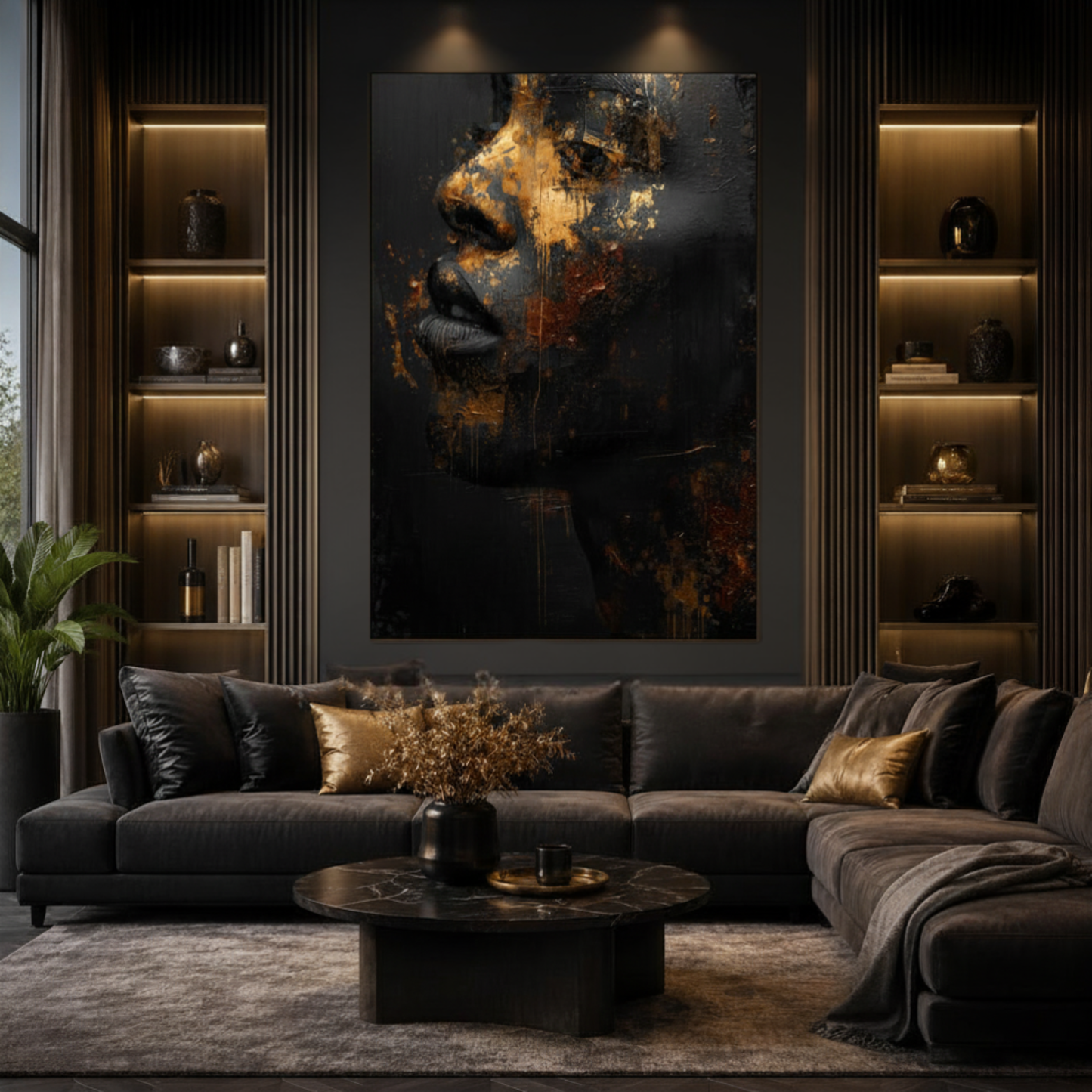 Black Man Wall Art – Black & Gold Abstract Masculine Canvas Print | Modern Luxury Afrocentric Decor