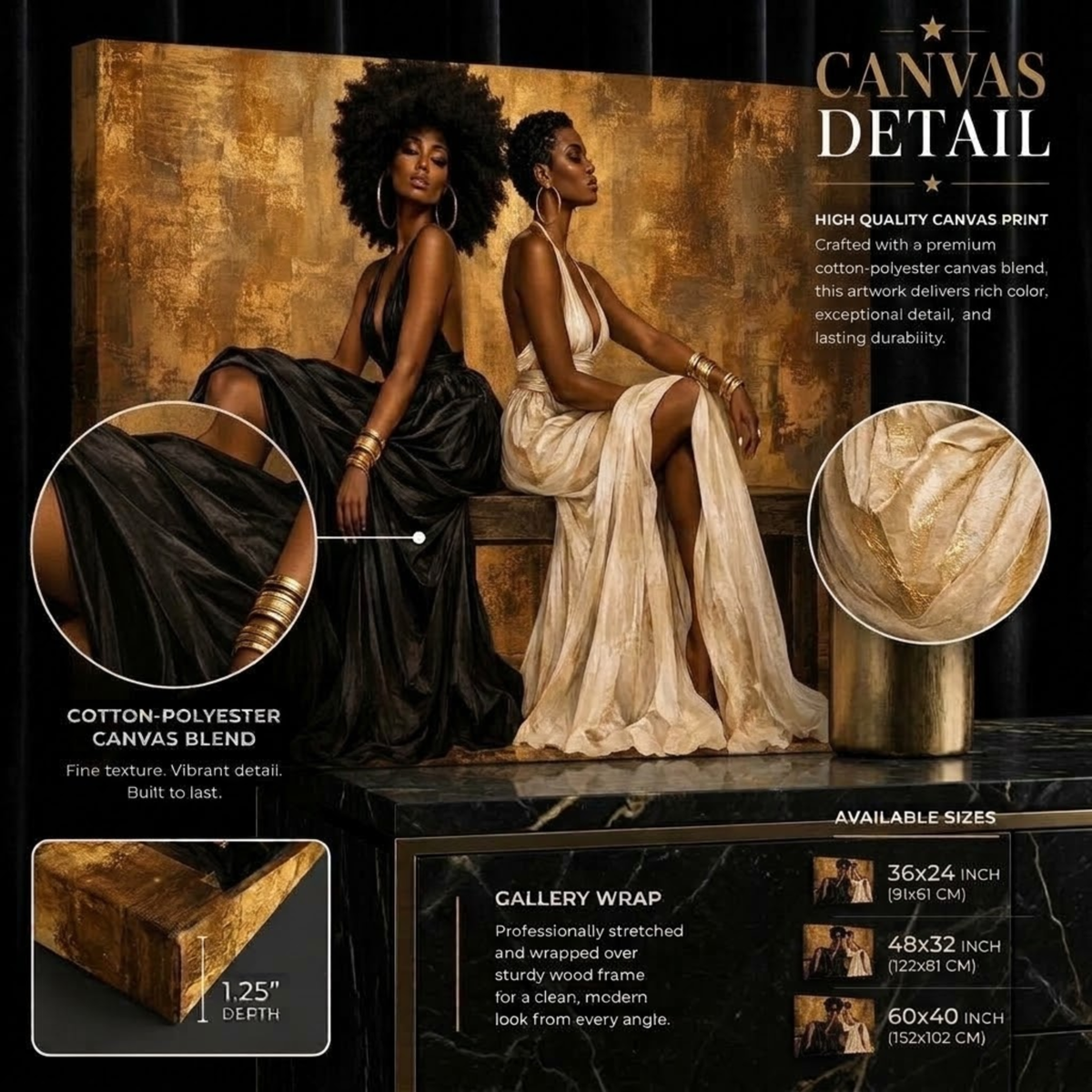 Black Women Wall Art – Essence of Sisterhood | Afrocentric Black & Gold Canvas Print