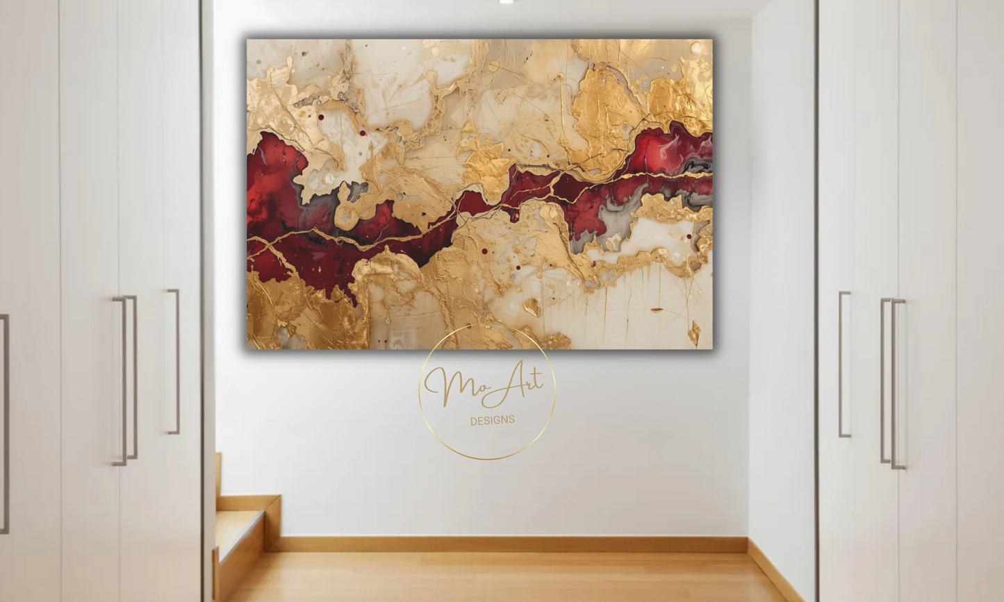 "Crimson Rift" – Abstract Gold, Burgundy & Cream Wall Art