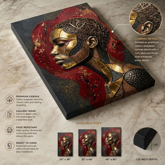 Black Woman Wall Art -  Modern African American Canvas Print | Gold & Red Abstract Home Decor