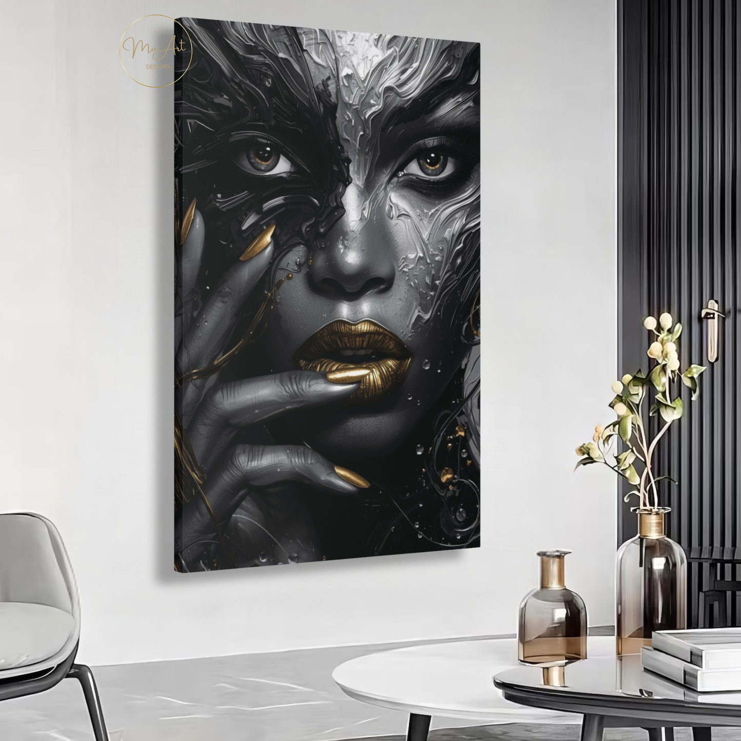 Black Woman Wall Art – Molten Beauty in Silver & Gold | Modern Luxury Canvas Print