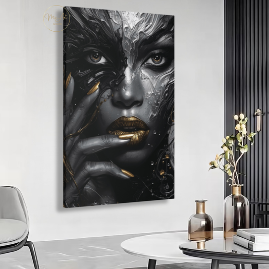 Black Woman Wall Art – Molten Beauty in Silver & Gold | Modern Luxury Canvas Print
