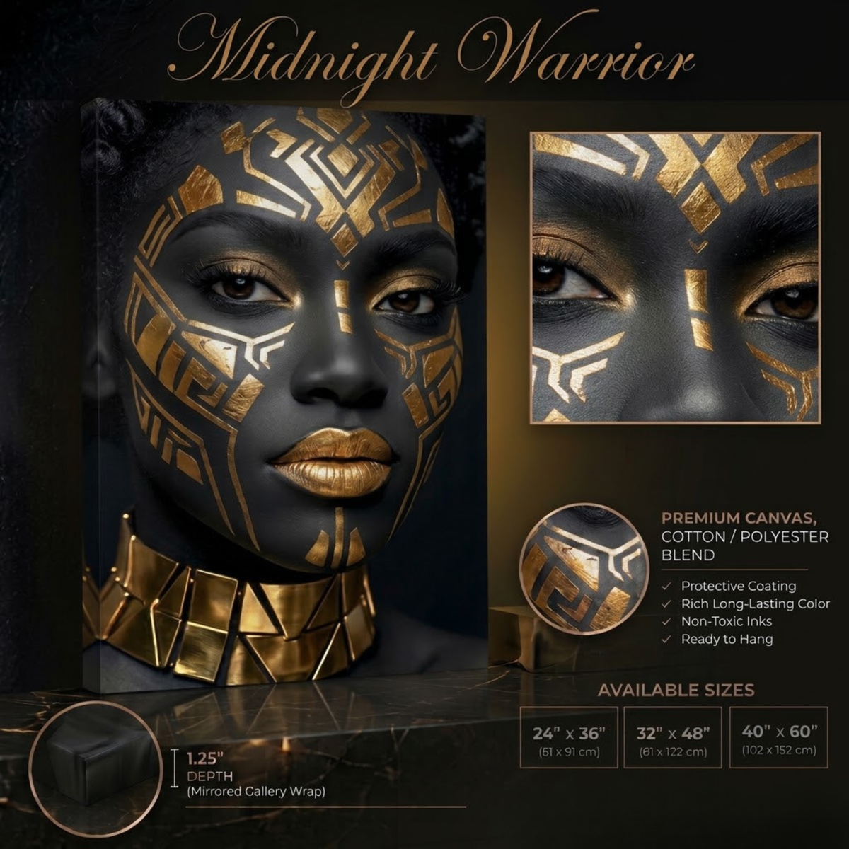 Black Woman Wall Art – Midnight Warrior | Luxury Black & Gold Afrocentric Canvas Print