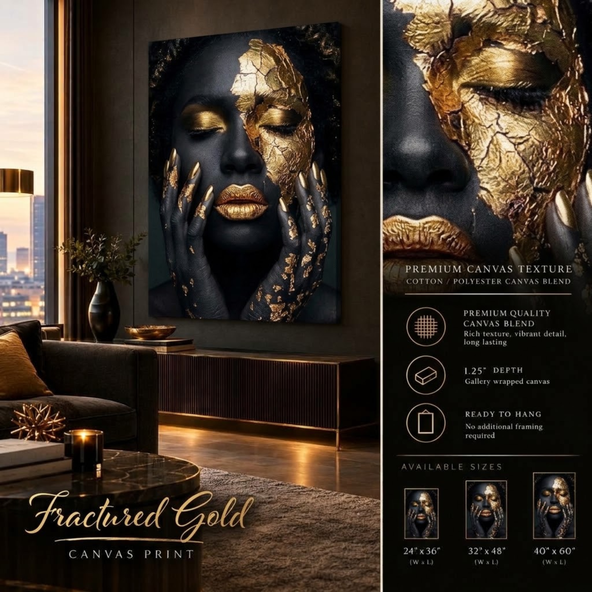 Black Woman Wall Art – Fractured Gold | Afrocentric Black & Gold Cracked Gold Leaf Canvas Print