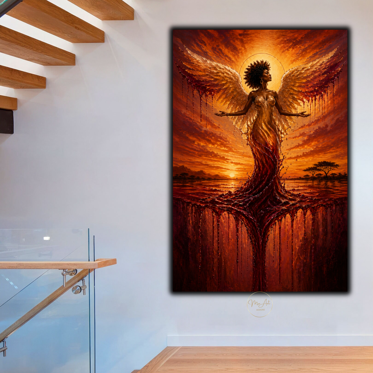 Black Woman Wall Art – Divine Angel at Sunset | Afrocentric Abstract Canvas Print