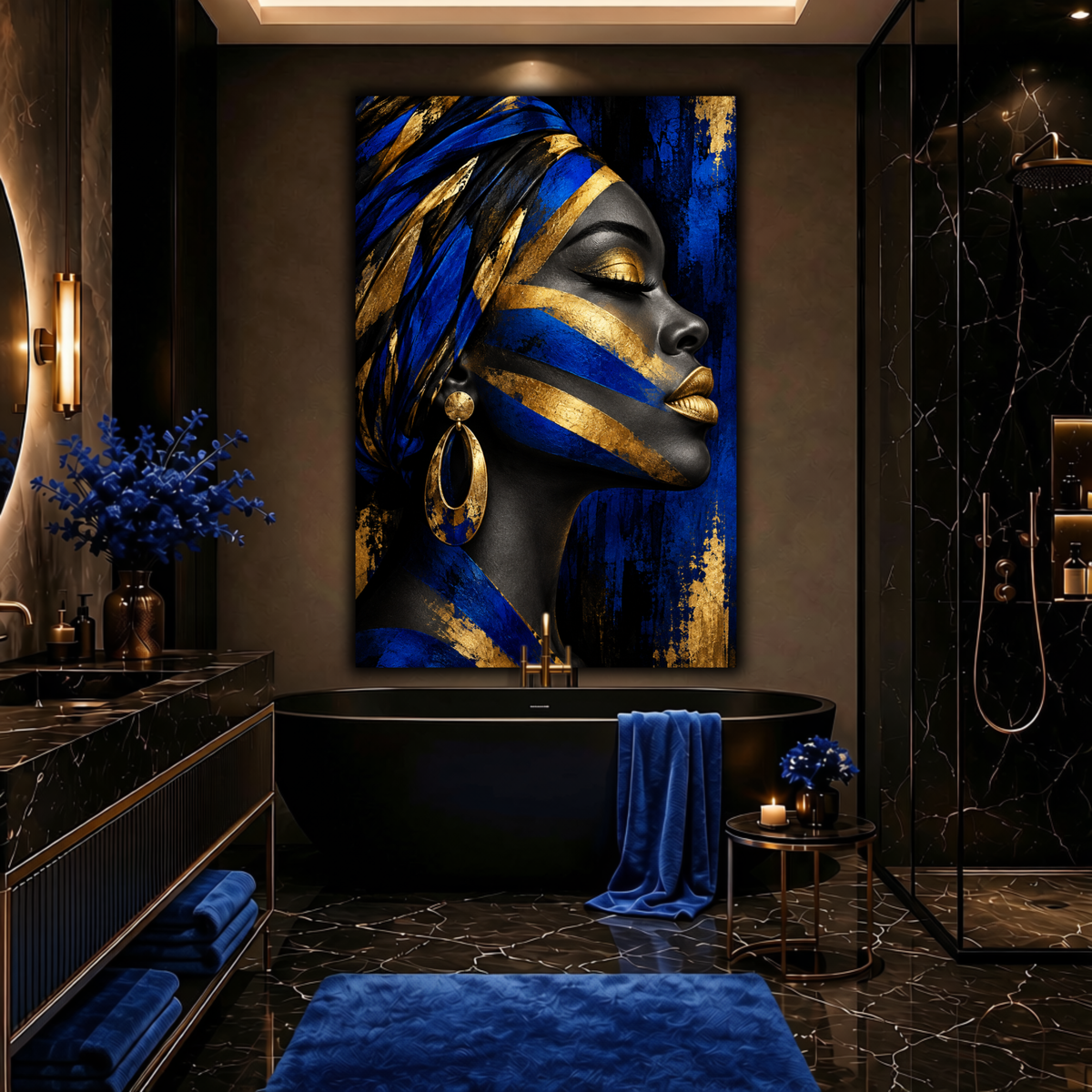 Black Woman Wall Art - Afrocentric Blue, Black & Gold Canvas Print | Luxury Home Decor