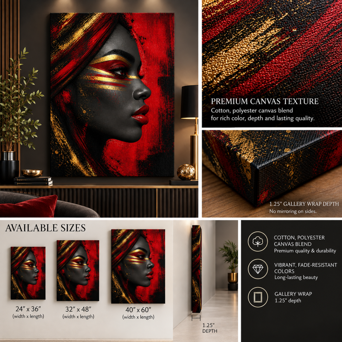 Black Woman Wall Art – Afrocentric Red, Black & Gold Portrait Canvas Print | Luxury Home Decor