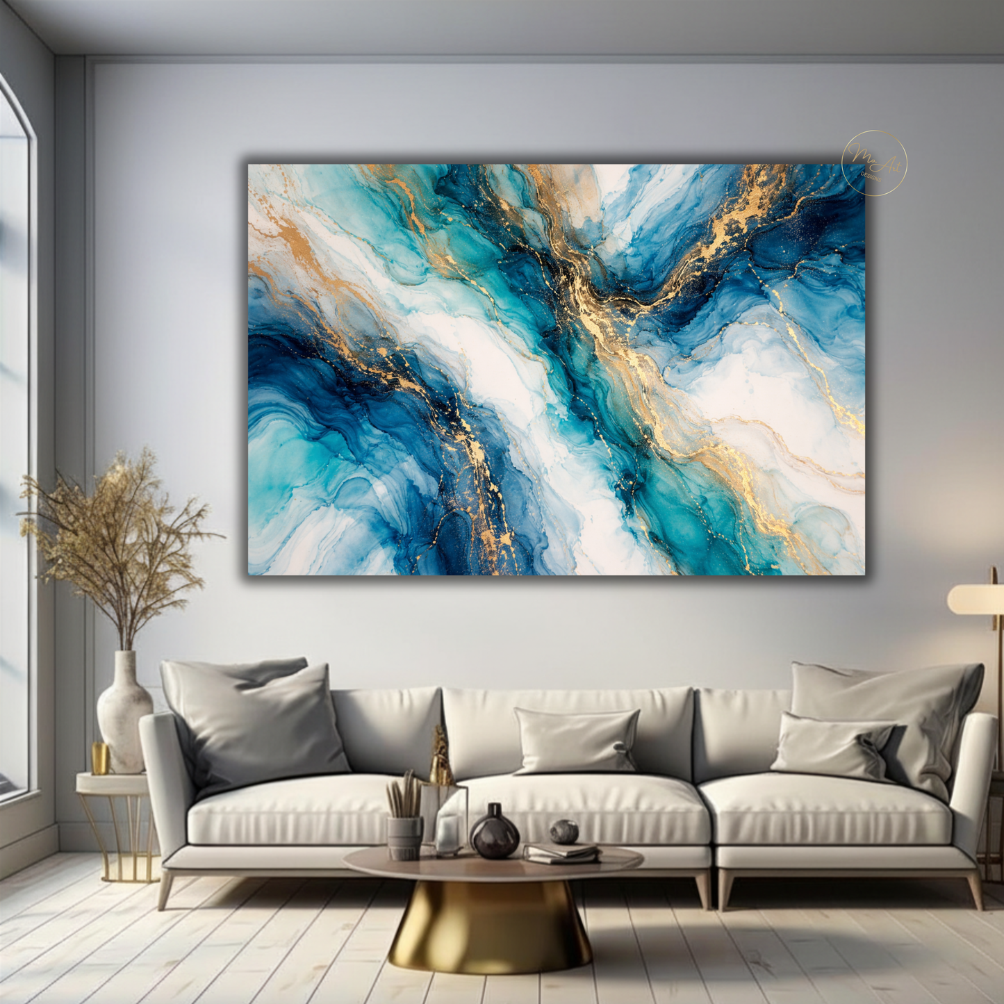 Blue Gold & Turquoise Marble Abstract Wall Art – Luxury Canvas Print