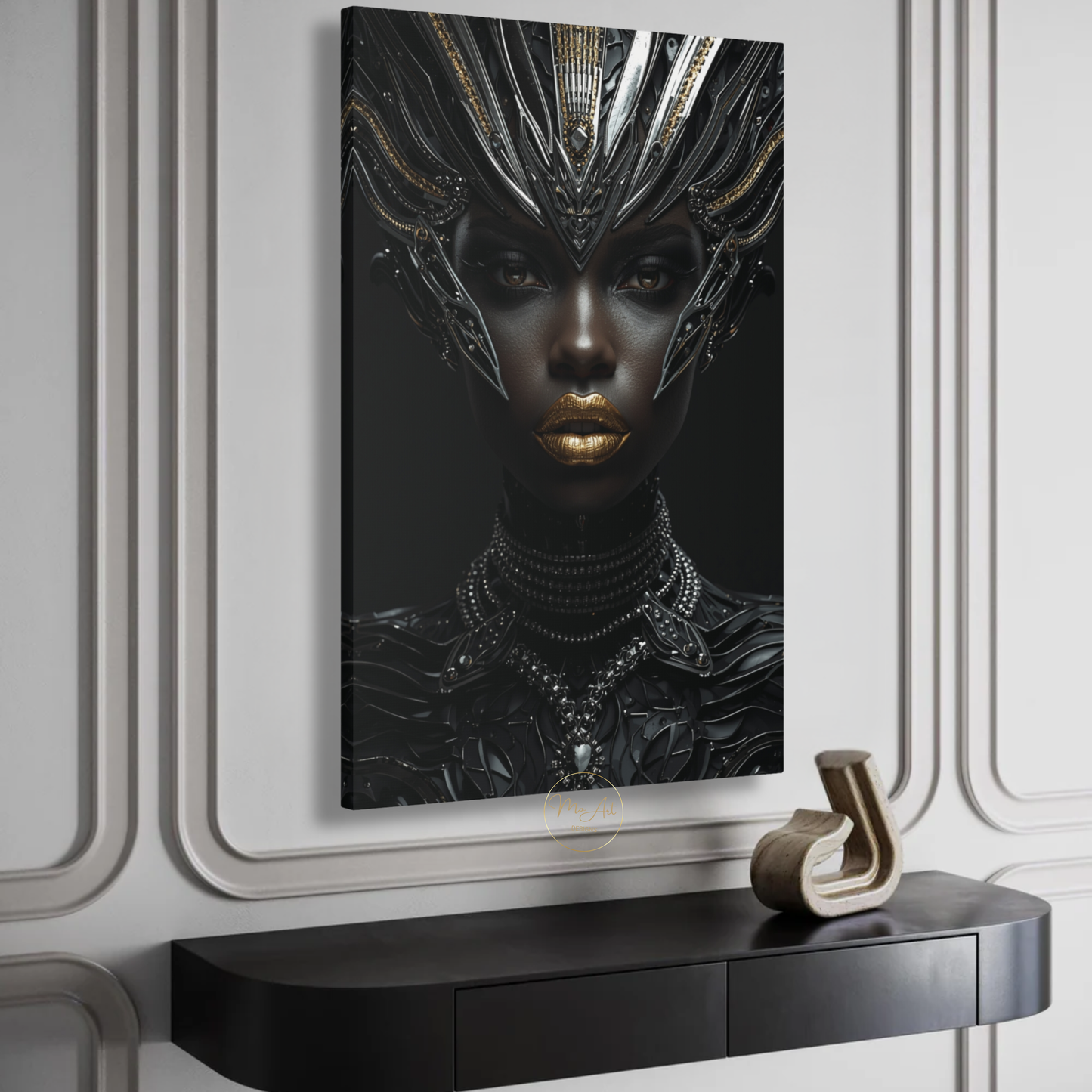 Black Woman Wall Art – Futuristic Afrocentric Warrior Queen / Black & Gold Canvas Print