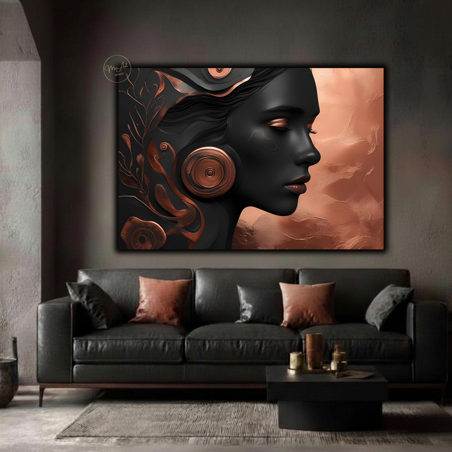 Black Woman Wall Art – Luxury Black & Copper Abstract Afrocentric Canvas Print