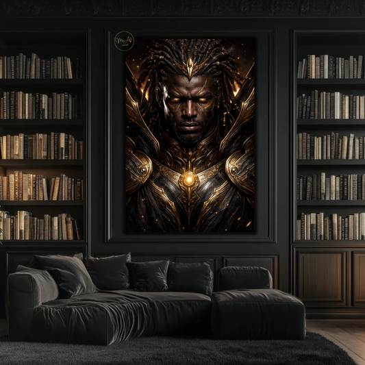 Black Warrior Wall Art – Powerful Afrocentric King in Black & Gold Armor Canvas Print