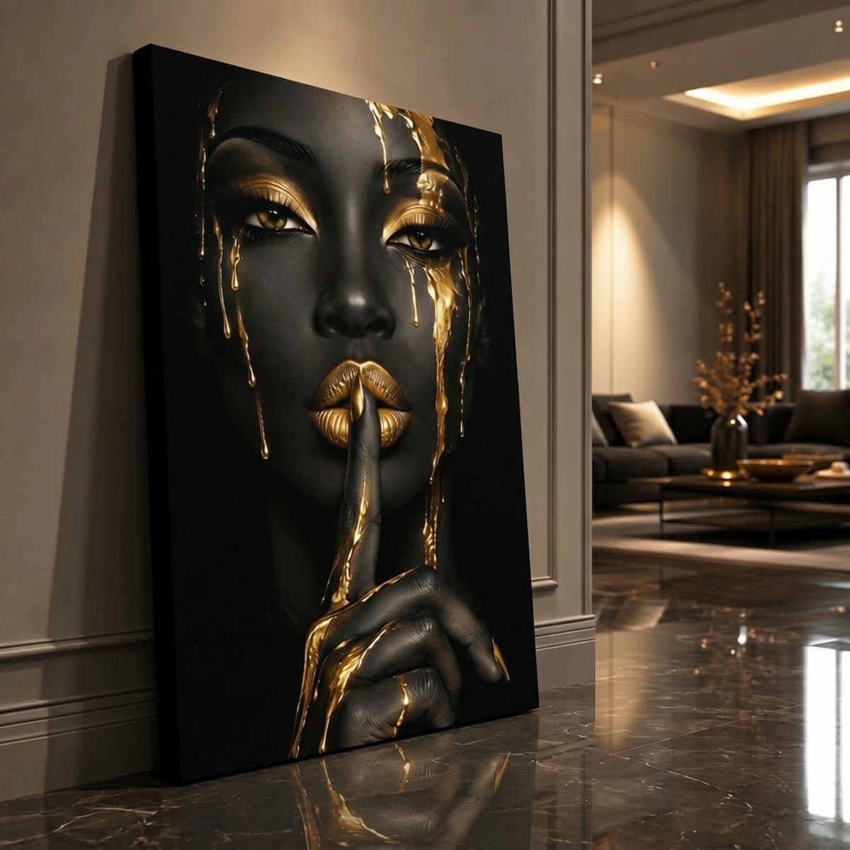 Black Woman Wall Art – Golden Whisper | Afrocentric Black & Gold Luxury Canvas Print