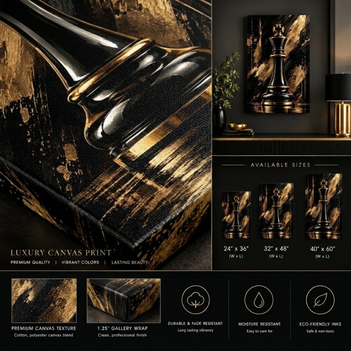 Black & Gold King Chess Piece Wall Art | Luxury Abstract Chess Canvas Print