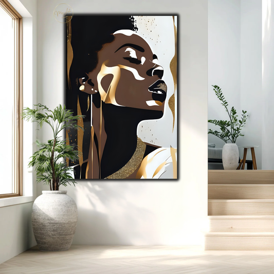 Black Woman Wall Art – Elegant Afrocentric Gold & Neutral Abstract Portrait Canvas Print