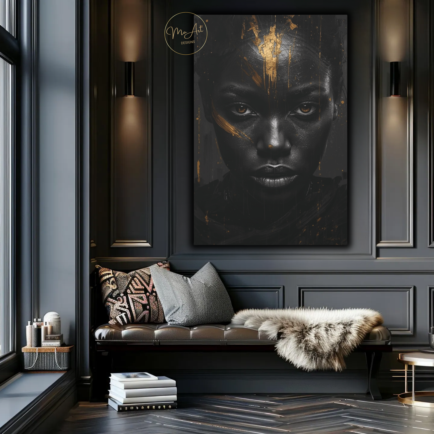 Black Woman Wall Art – Unbreakable Gaze | Black & Gold Statement Canvas Print