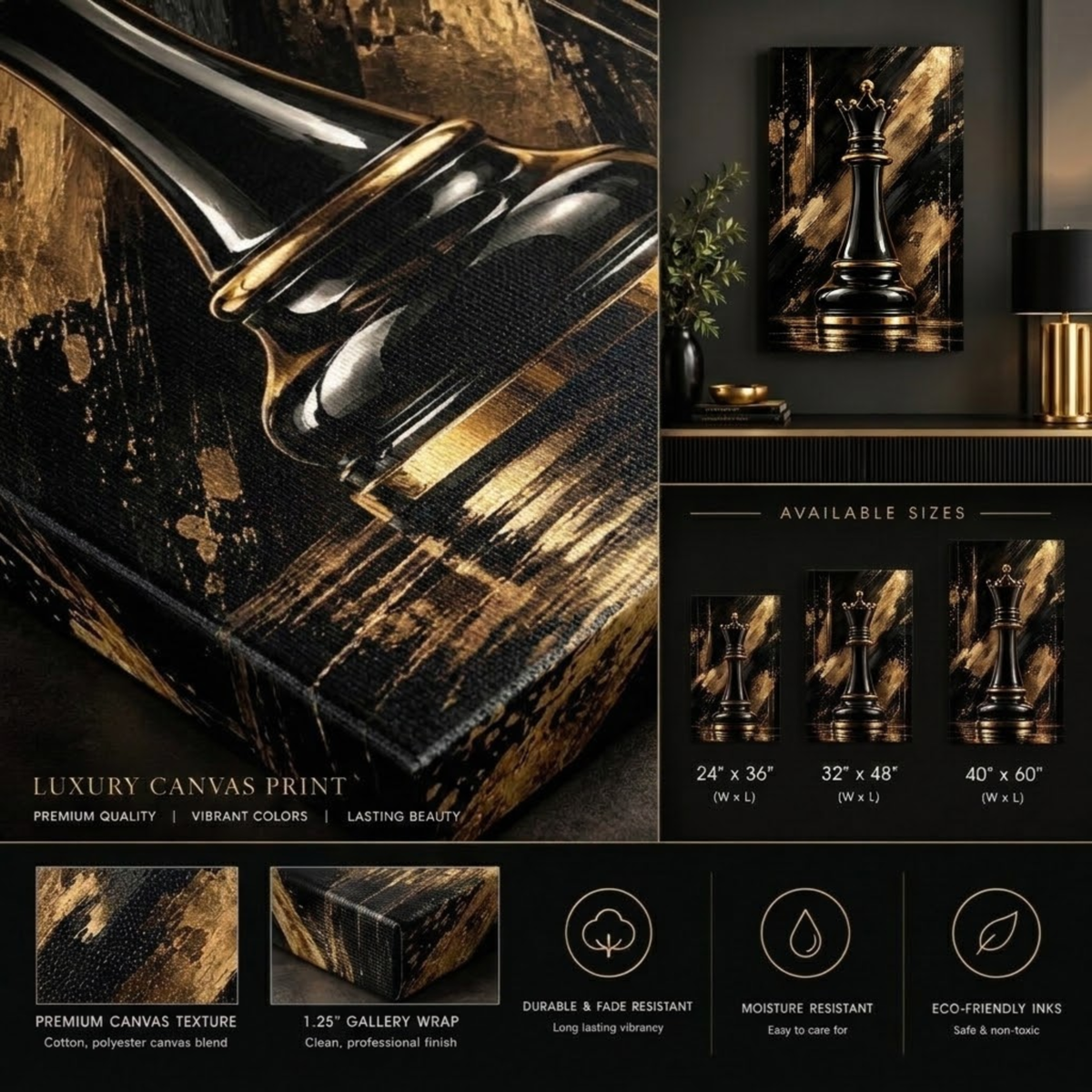 Black & Gold Queen Chess Piece Wall Art | Luxury Abstract Chess Canvas Print