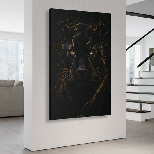 Black Panther Wall Art – Fierce Gold & Black Abstract Panther Canvas Print