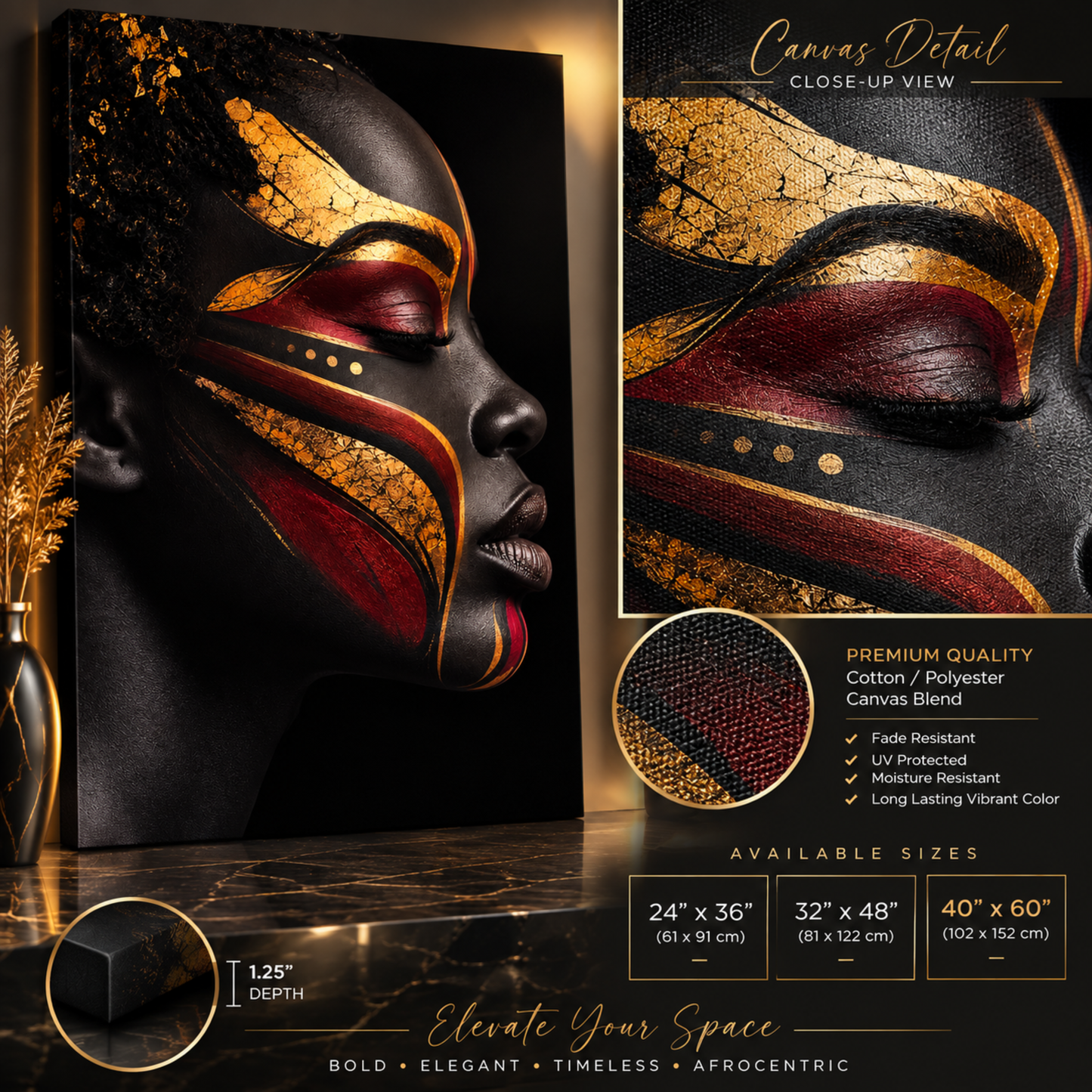 Black Woman Wall Art – Abstract Black, Gold & Burgundy Canvas Print | Luxury Afrocentric Wall Decor