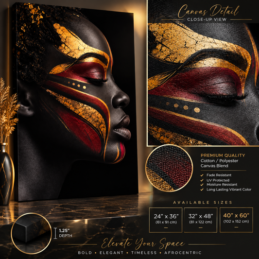 Black Woman Wall Art – Abstract Black, Gold & Burgundy Canvas Print | Luxury Afrocentric Wall Decor
