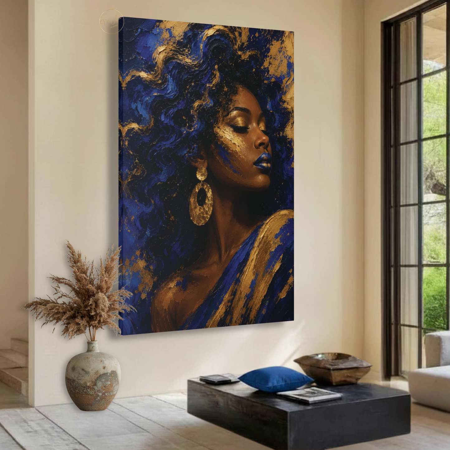 Black Woman Wall Art – Royal Blue & Gold Afrocentric Canvas Print | Abstract African American Woman Art