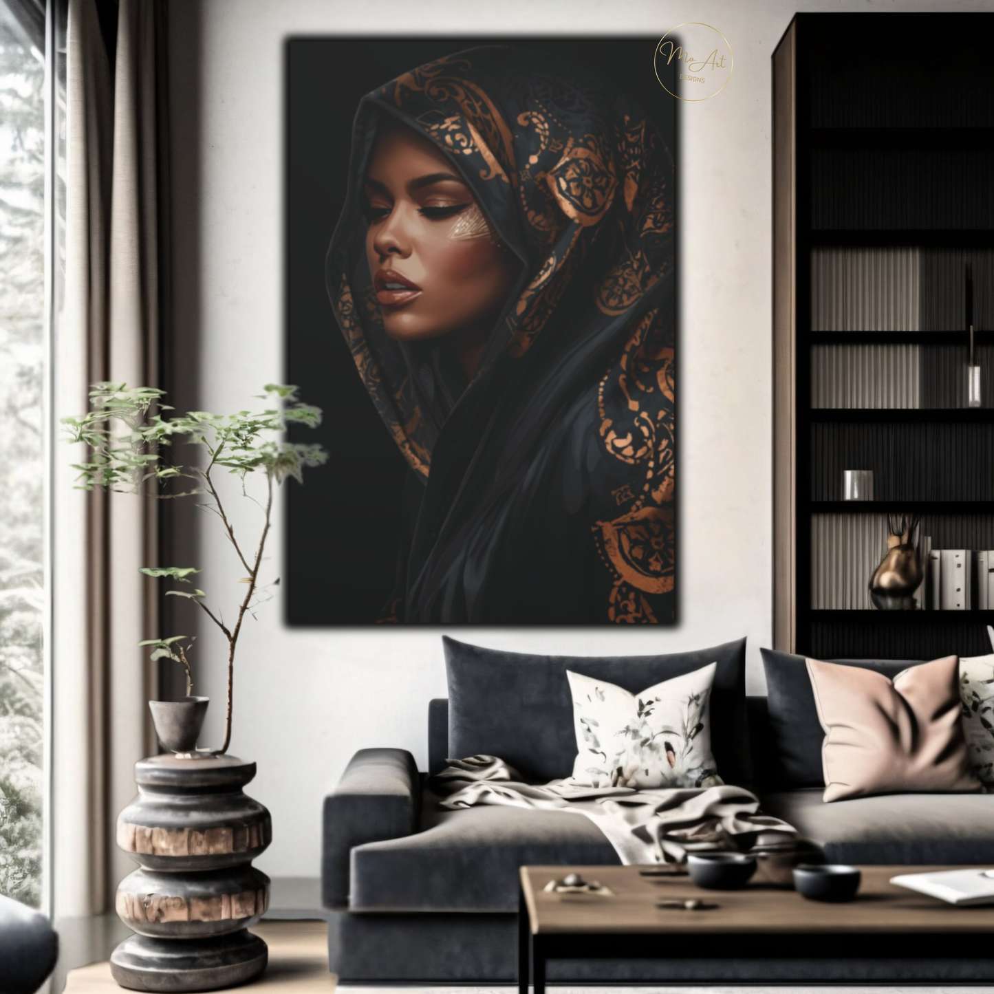 Black Woman Wall Art – Veiled Elegance | Black & Gold Luxury Afrocentric Canvas Print