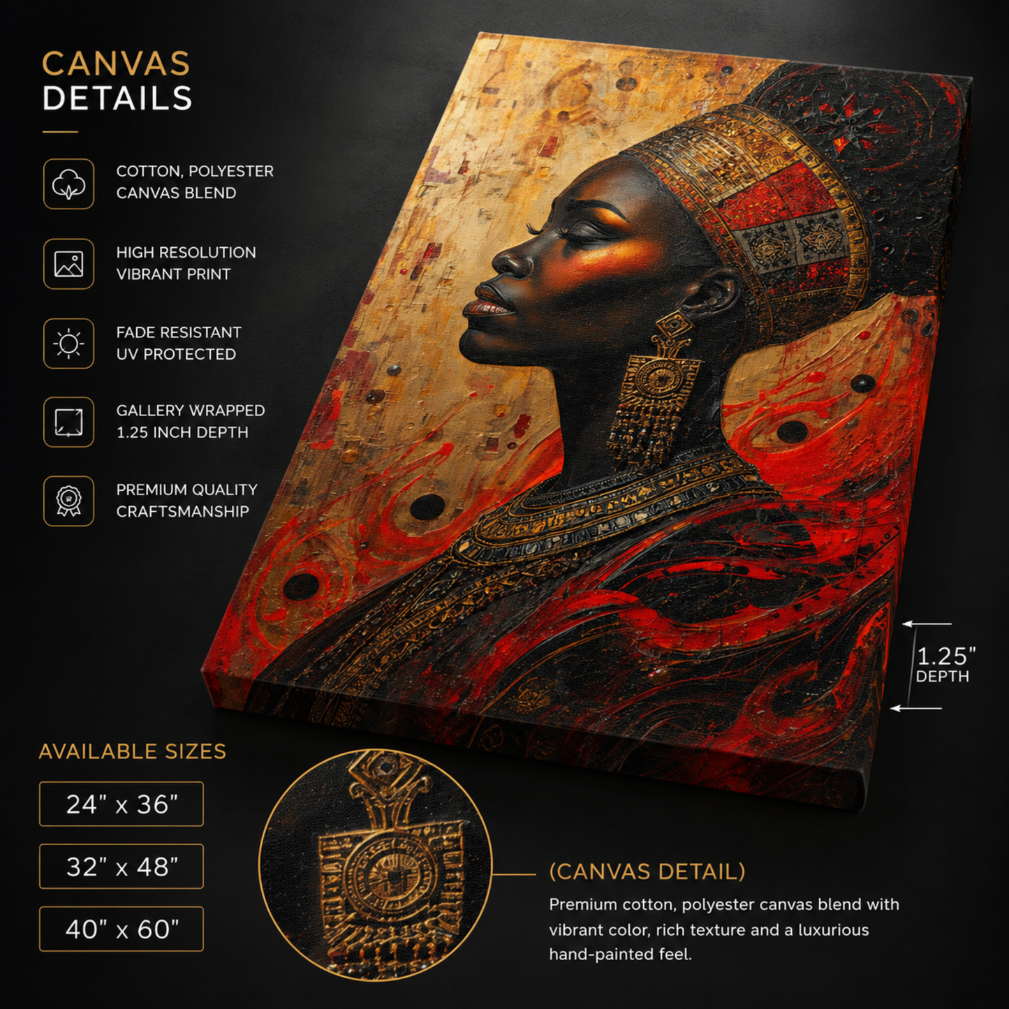 Black Woman Wall Art – Abstract African Queen Canvas Print |  Afrocentric Gold, Red & Black Decor