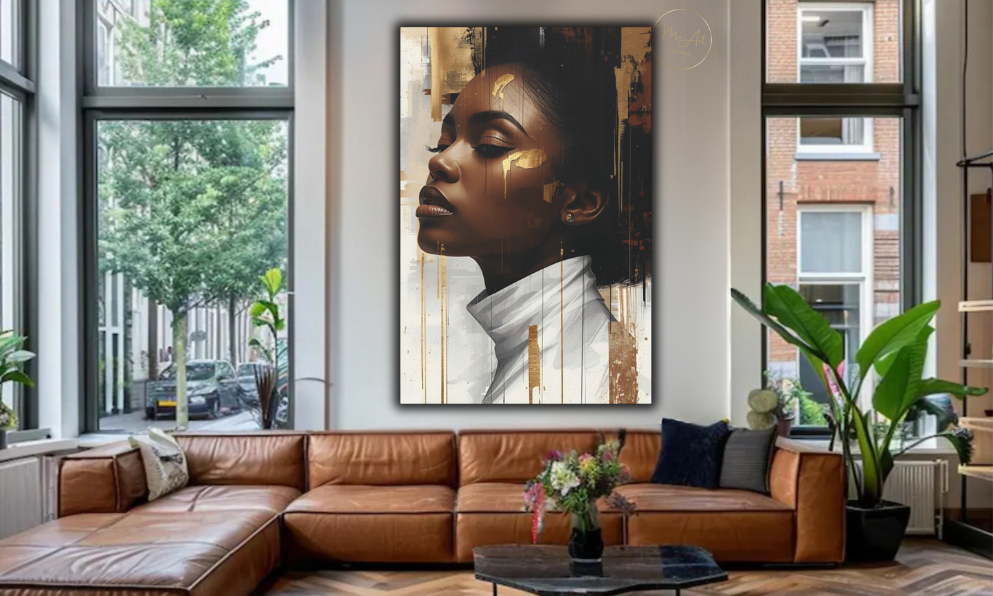Abstract Black Woman Wall Art – White & Gold Elegance / Canvas Print