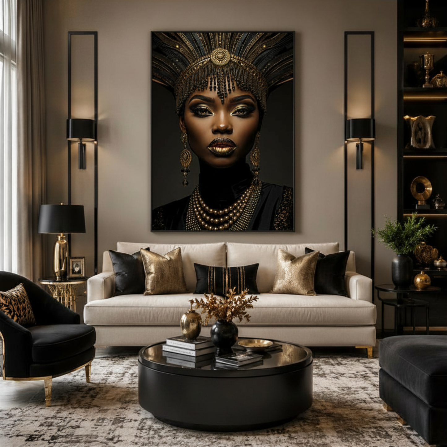 Black Woman Wall Art – African Queen Portrait Black & Gold Canvas Print | Afrocentric Luxury Wall Decor