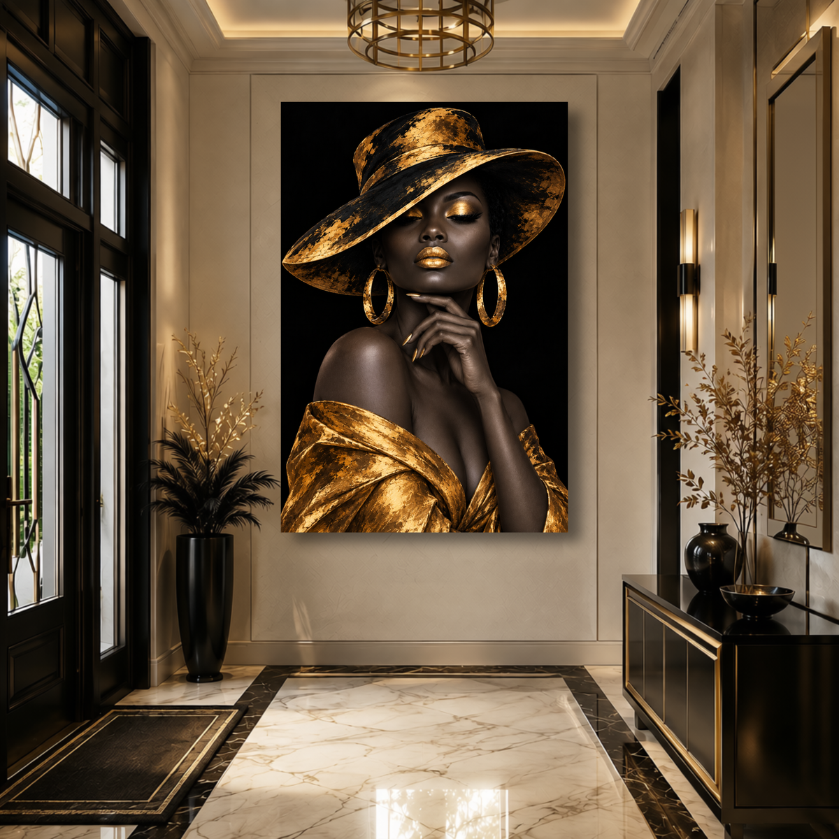 Black Woman Wall Art – Midnight Majesty | Black & Gold Afrocentric Luxury Canvas Print
