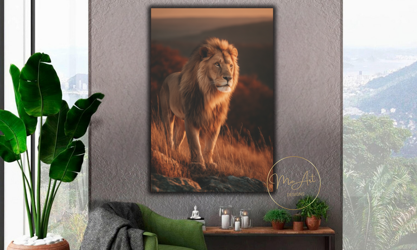 Majestic Lion Canvas Wall Art – Regal Wildlife Print at Sunset