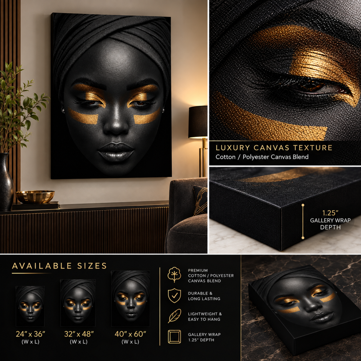 Black Woman Wall Art – Gilded Essence | Black & Gold  Luxury Portrait Canvas Print