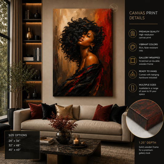 Black Woman Wall Art – Sensual Afrocentric Black, Gold & Red Canvas Print | Luxury Abstract Portrait