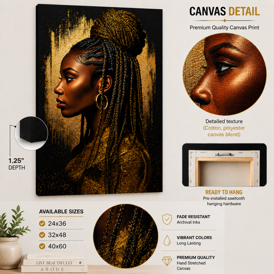 Black Woman Wall Art – Braided Afrocentric Queen in Black & Gold Canvas Print | Luxury African American Decor
