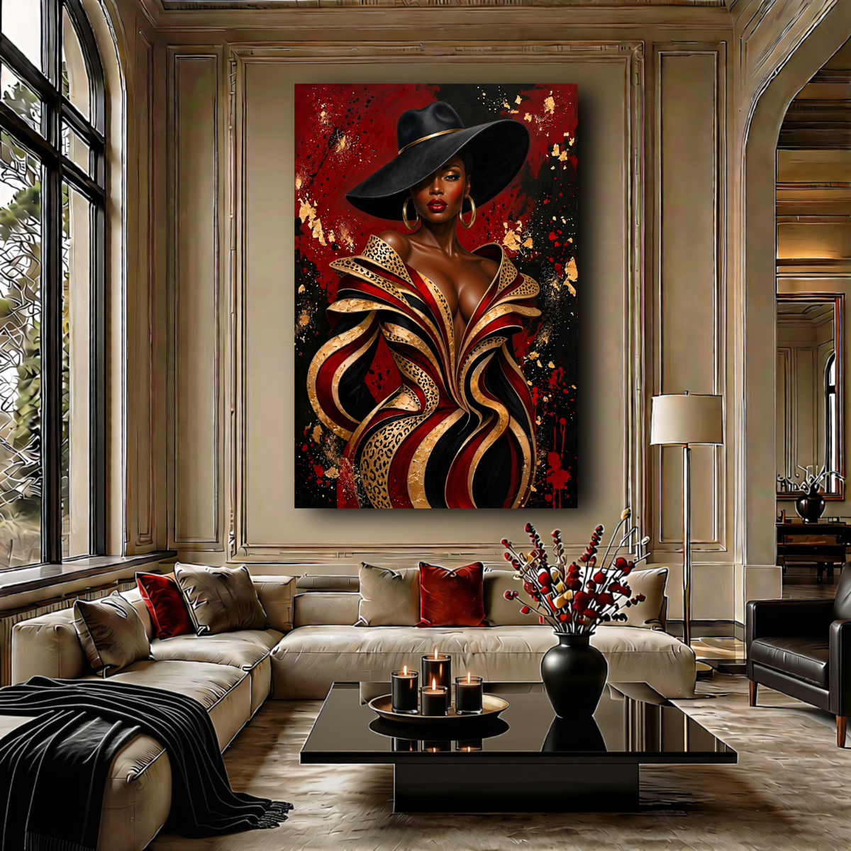 Black Woman Wall Art - Seductive Glamour | Red, Black & Gold Leopard Print Afrocentric Canvas Print