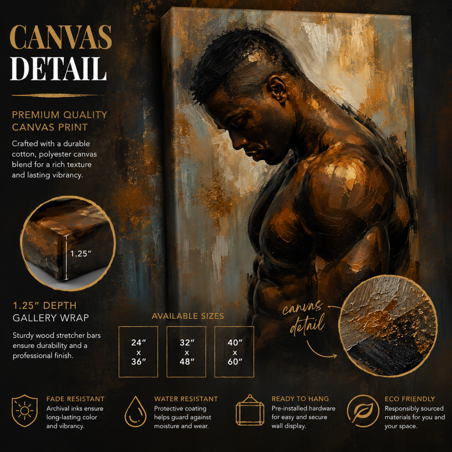 Black Man Wall Art – Sensual Afrocentric Canvas Print  | Modern Black & Gold Masculine Artwork