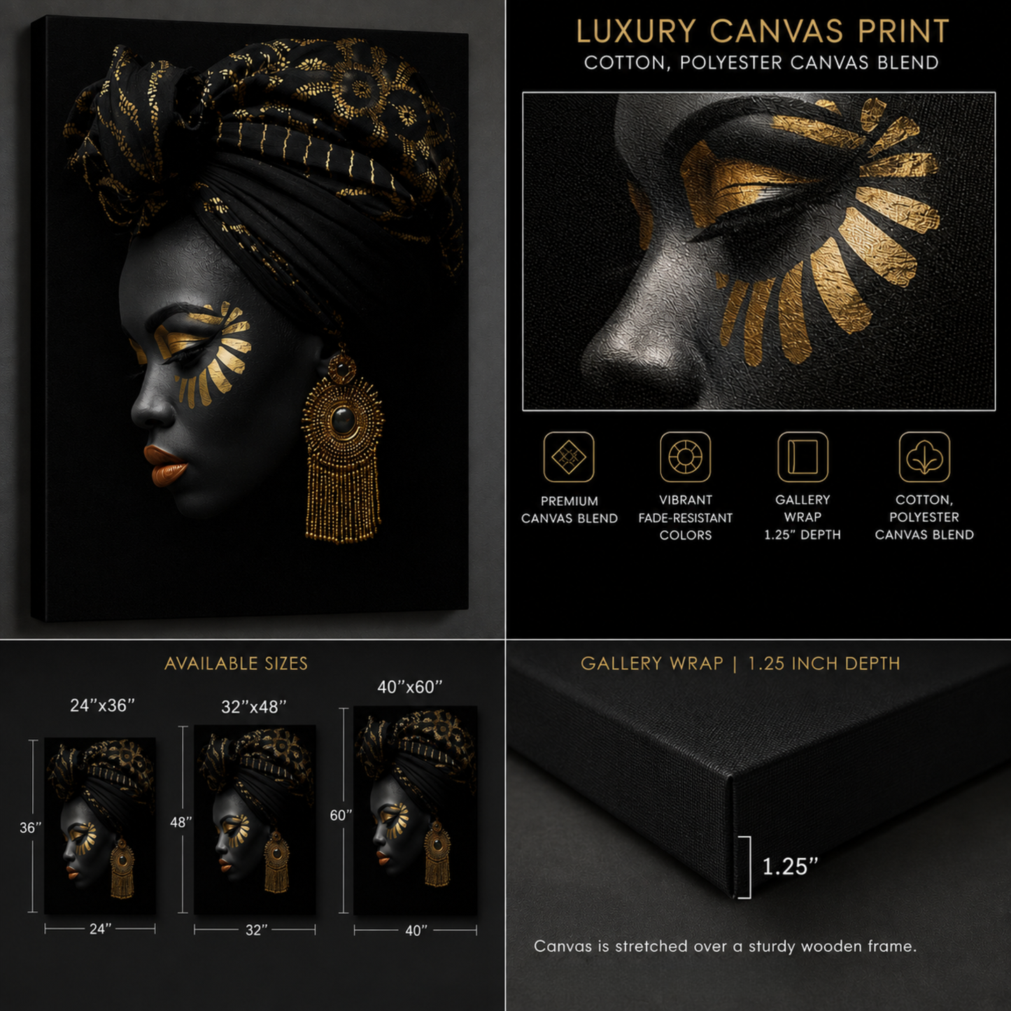 Black Woman Wall Art – Regal Radiance Black & Gold Canvas Print | Afrocentric Home Decor