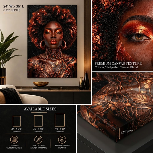 Black Woman Wall Art – Afrocentric Black & Copper Portrait Canvas Print | Luxury Home Decor